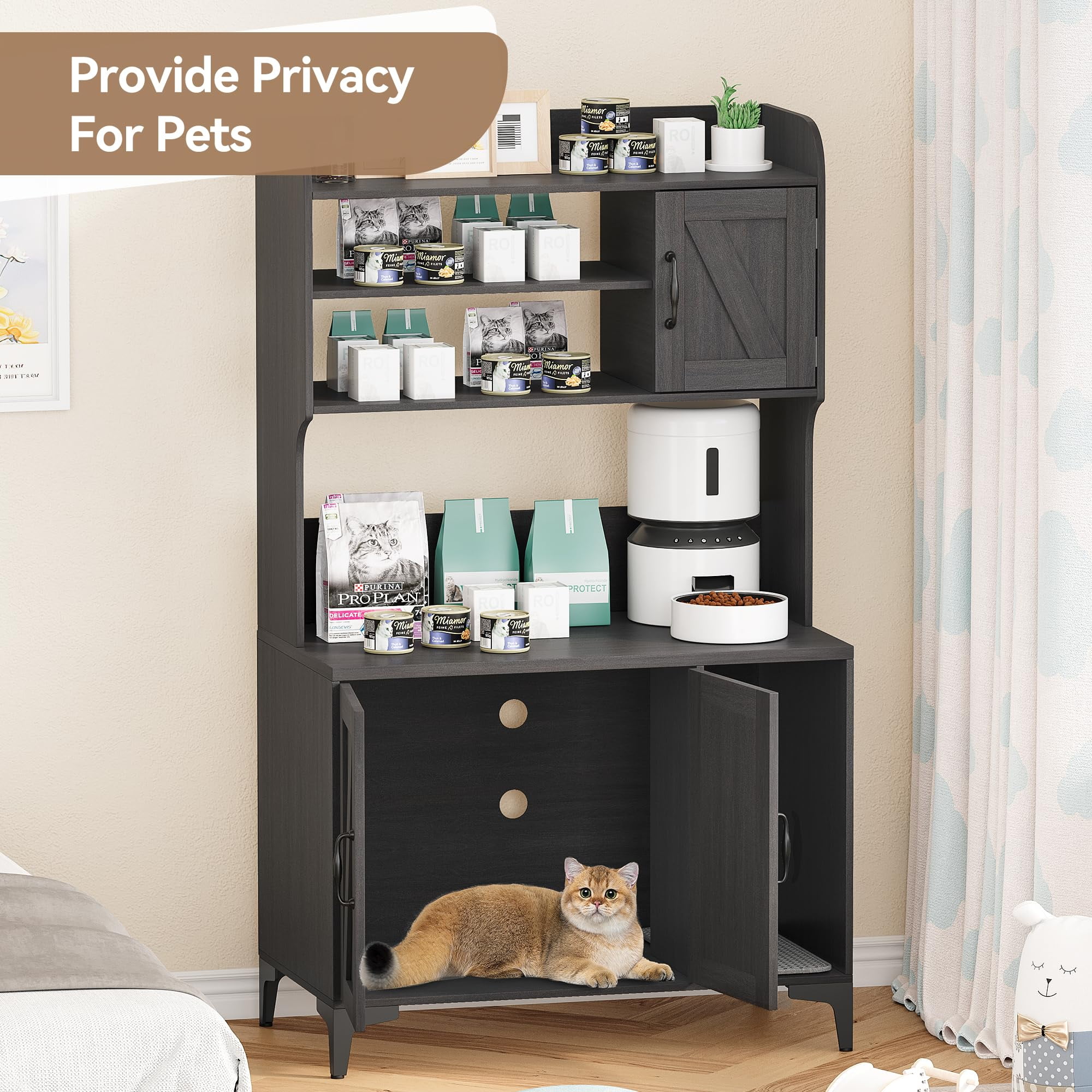 TROPOW Cat Litter Box Furniture,Hidden Cat Box Enclosure with Shelf Storage,Cat Litter Box Enclosure, Wood Sturdy Cat Washroom Storage, Indoor Cat House Furniture, Dark Gray