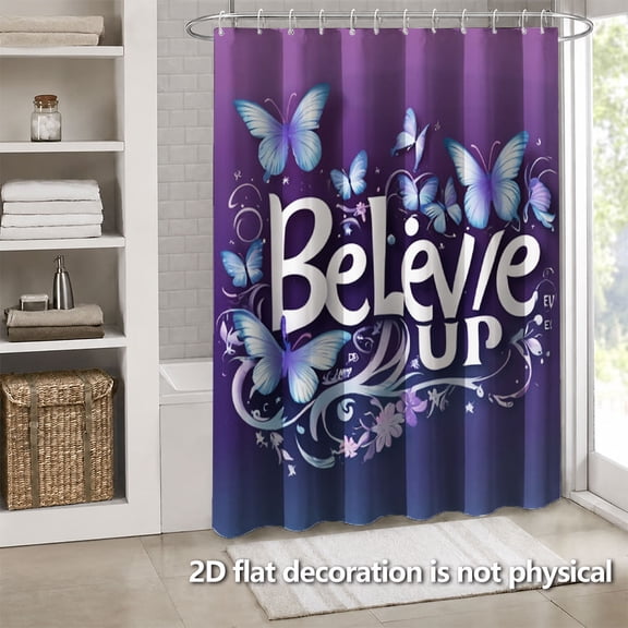 Hoease Believe Up Purple Butterfly Shower Curtain, 71W x 71L Inch Waterproof Fabric Bathroom Curtain with 12 Hooks, Inspirational Butterfly Bath Decor