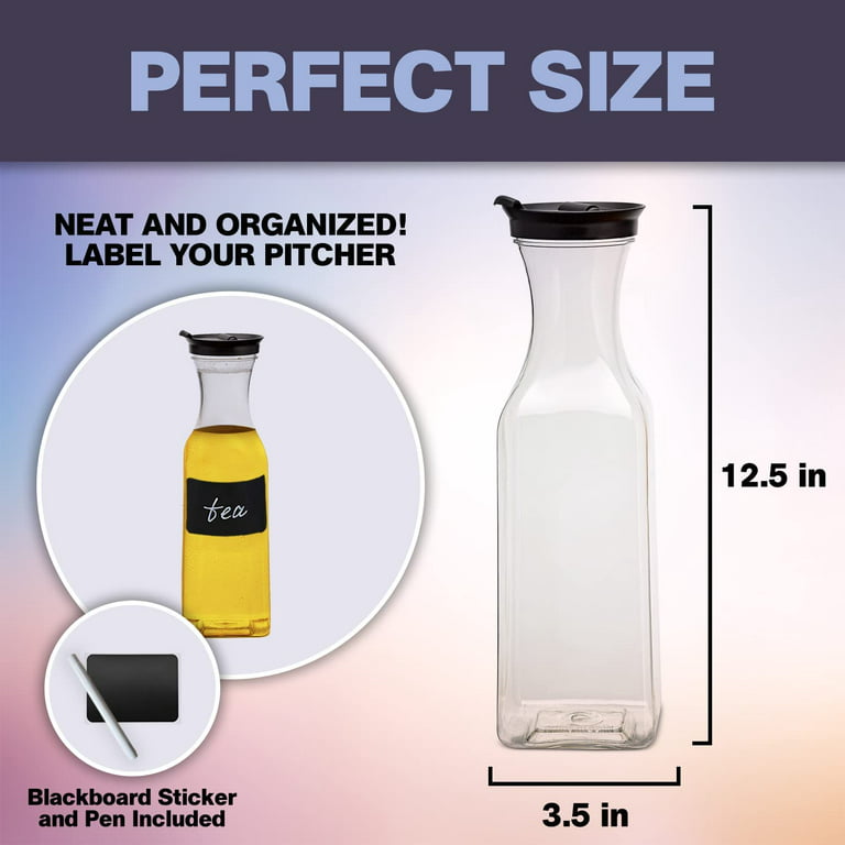 NETANY 50 Oz Water Carafe with Flip Top Lid, Set of 2 Square Base  Containers, Clear Plastic Pitcher - for Iced Tea, Juice, Beverage, Milk,  Cold Brew