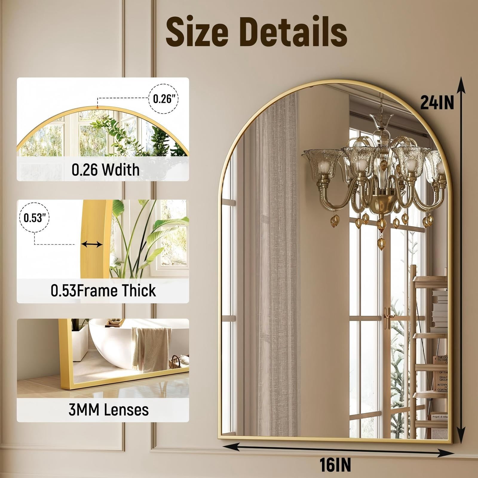 Anyrose 24"x 16" Arched Bathroom Mirror Wall Mirror, Gold