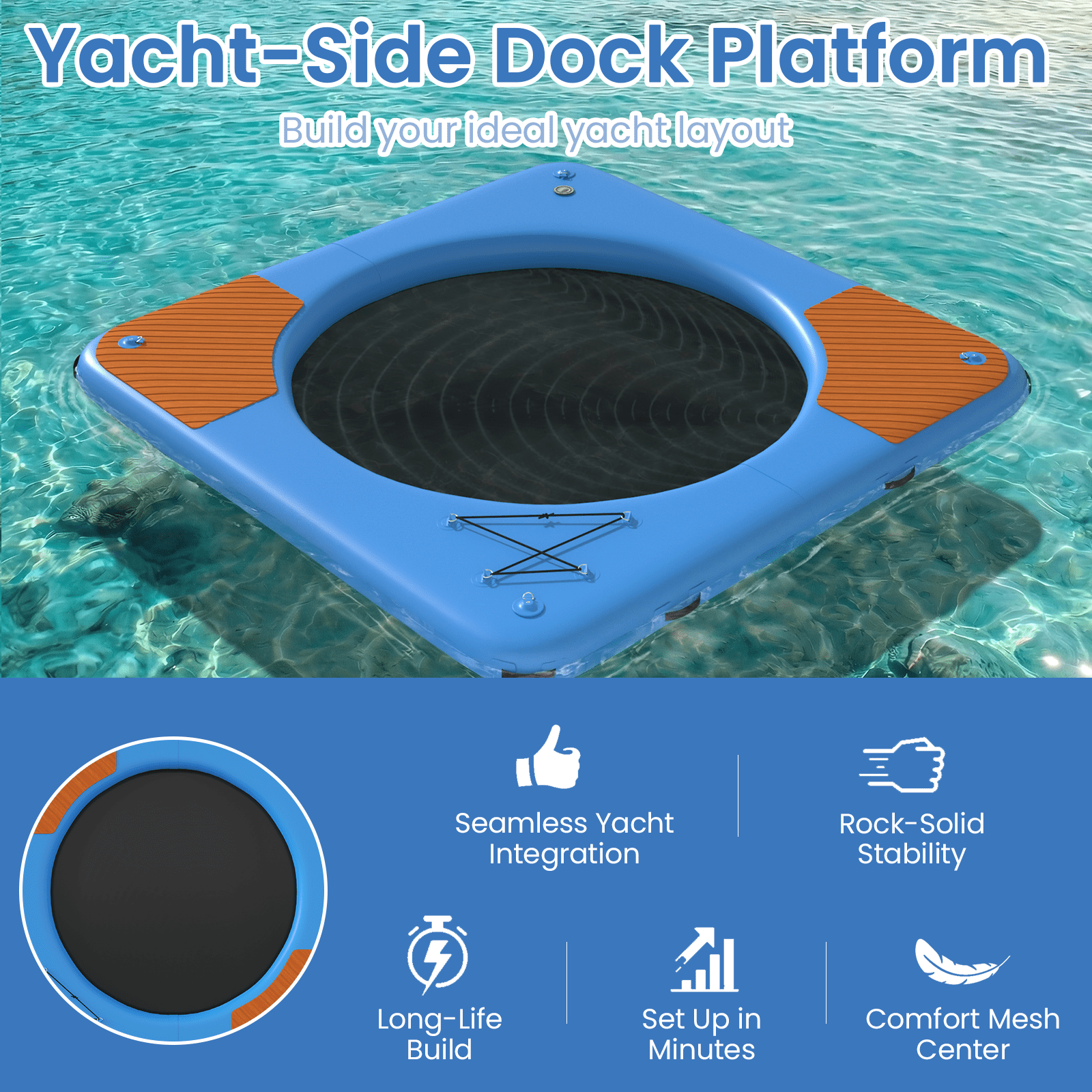 Bezliving 10 ft Inflatable Floating Dock with Mesh Swim Net, 6 in Thick Platform for Lake and Pool, Non-Slip EVA Deck, Heavy-Duty D-Rings
