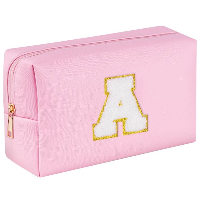 Bolsa de maquillaje con letras de chenilla, bolsa de cosméticos bonita, resistente al agua de gran capacidad para mujeres