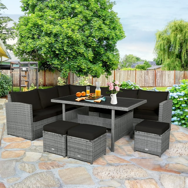 Patiojoy 7-Piece Wicker Patio Furniture Set Outdoor Rattan Sofa Set Conversation Couch Set Black
