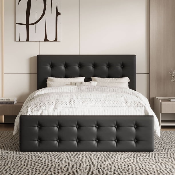 Spacious tamaño completo size marco de cama: 4 almacenamiento cajones & cabecero, linen forrado, de madera slat support, no necesita colchón base, button tufted design, negra