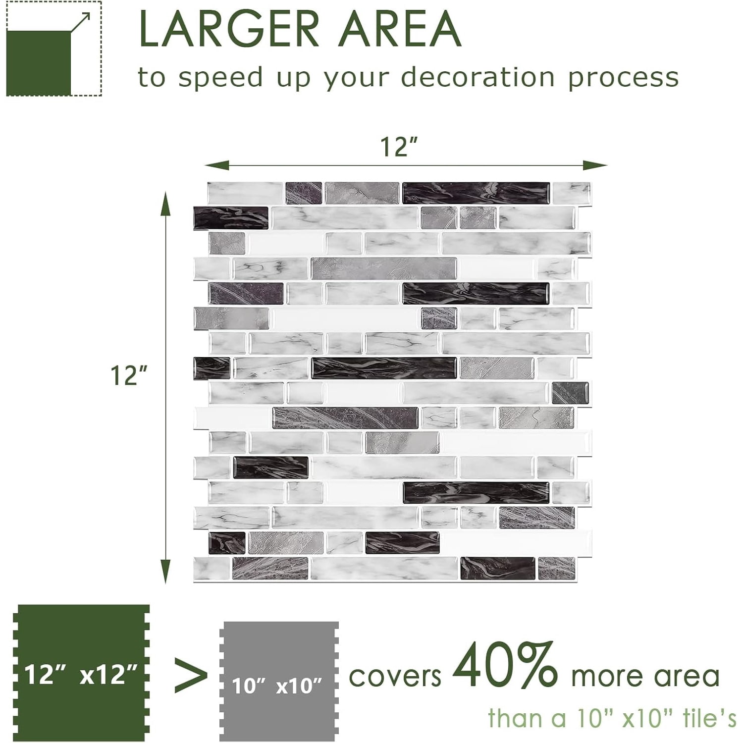 Thicker Design Peel and Stick Tile Backsplash, 12”×12”Stick on Backsplash for Kitchen, Self Adhesive Tile for Kitchen Backsplash and Bathroom(10 Sheets, Carrara Grey)