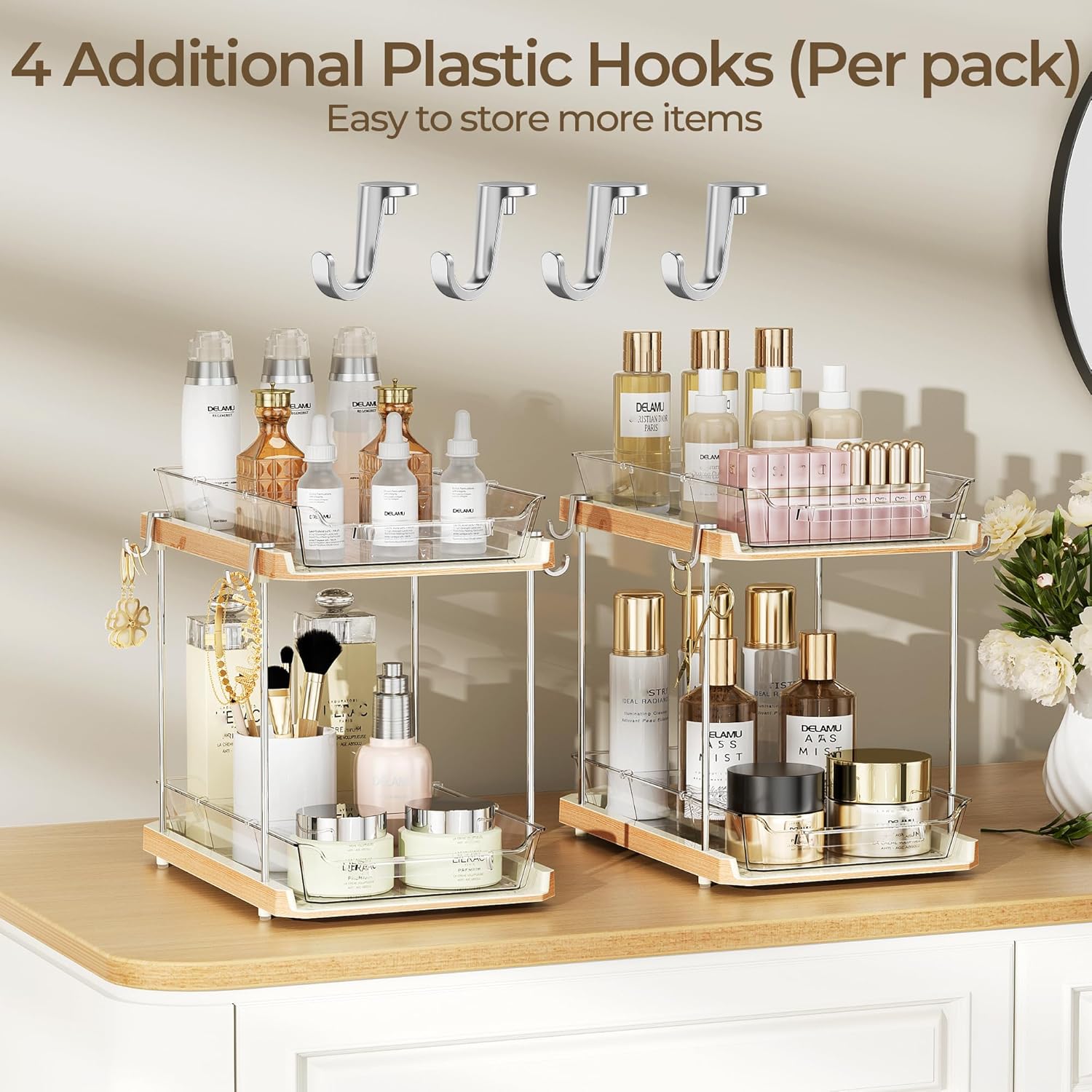 2 Tier Bathroom Under Sink Organizers and Storage with Hook, Multi-Purpose Cabinet Drawers with Movable Dividers, Pull Out Organization for Countertop, Kitchen and Pantry(Wood Grain, 4 Pack)