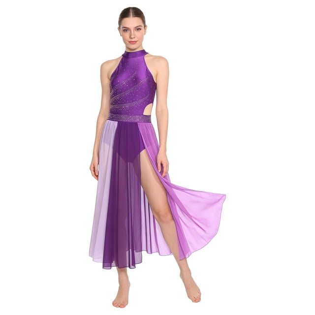TTAO Robe de Danse Lyrique pour Femmes Robe Lyrique à Blocs de Couleur Jupe en Tulle Fluide Tenue de Danse Contemporaine Violet G