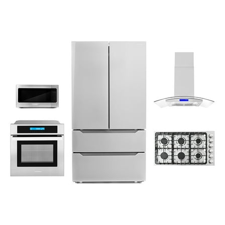 Cosmo 5 Piece Kitchen Package With 36" Gas Cooktop 30" Single Electric Wall Oven 24.4" Countertop Microwave French Door Refrigerator & 24" Built-in Fully Integrated Dishwasher