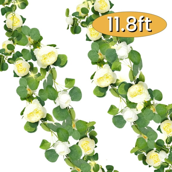 Fake Flowers Garland with Light Eucalyptus Garland Vintage Rose Peony Vine Greenery Decoration Wall Hanging Plant for Fireplace Mantel Wedding 11.8ft White