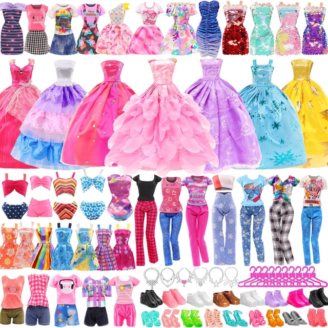 47 PCS Doll Clothes and Accessories 3 PCS Wedding Gowns 3 Tops 3 Pants 3 PCS Fashion Dresses 2 Sets Swimsuits Bikini 6 Braces Skirt, 10 Hangers 14 Shoes and 6 Accessories Toys for 11.5 inch Doll