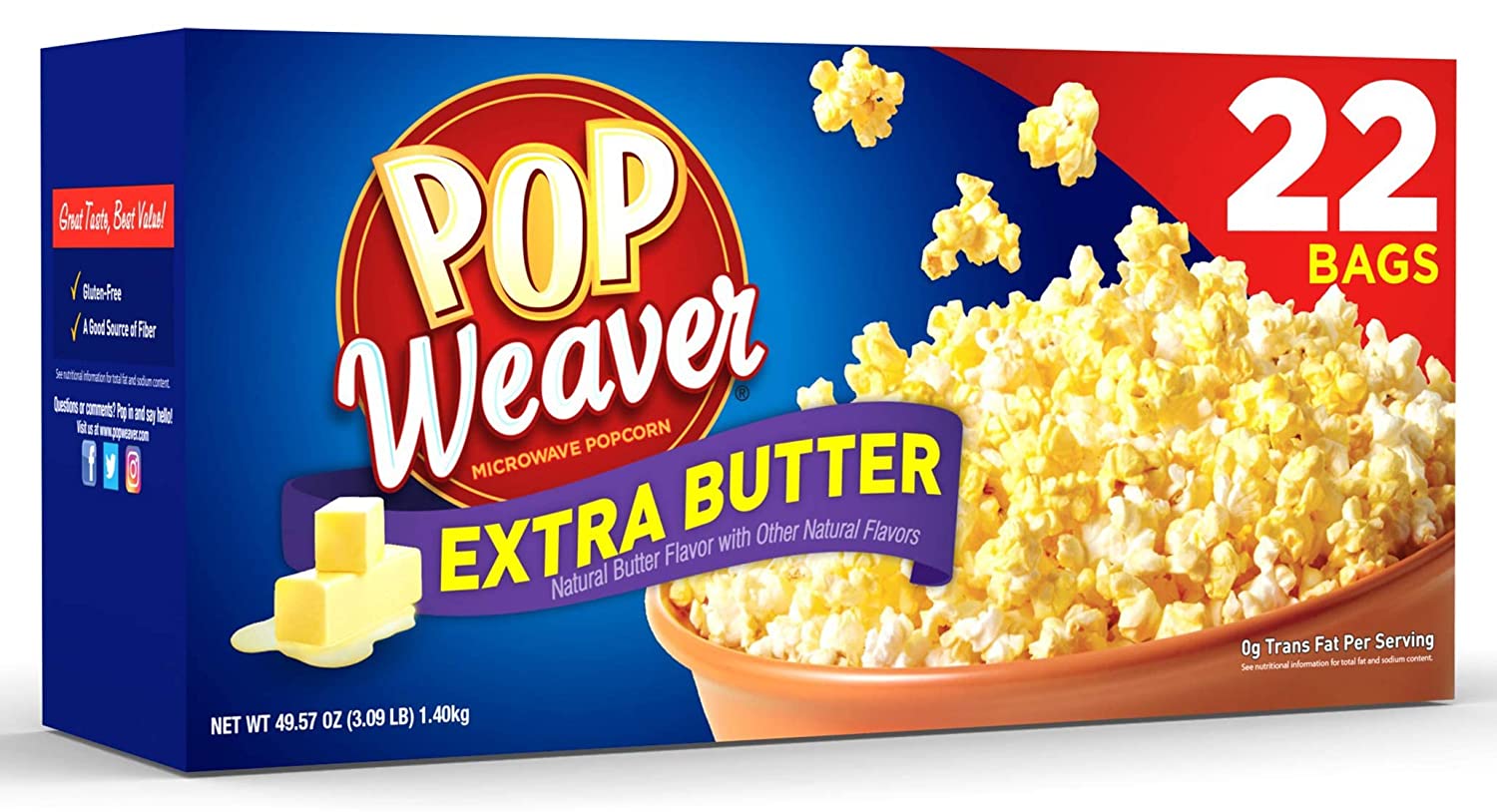 Pop Weaver Microwave Popcorn, Extra Butter, 22 Bags per Box…