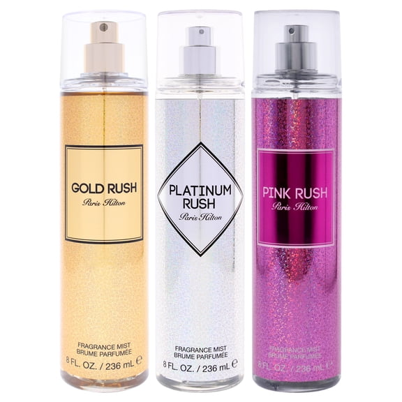 Paris Hilton Paris Hilton Kit , 3 Pc Kit 8oz Fragrance Mist - Pink Rush, 8oz Body Mist - Gold Rush, 8oz Fragrance Mist - Platinum Rush
