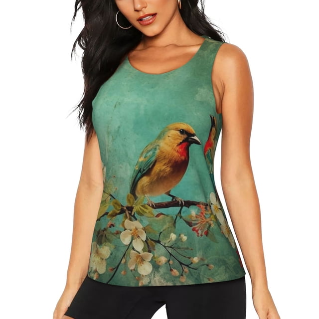 Fotbe Retro Birds Blusas Sin Mangas para Mujer – Estilo Casual, Corte Suelto, Slim-Fit, Cuello Redondo Deportivo, Tops de Verano para Gimnasio y Yoga-Large