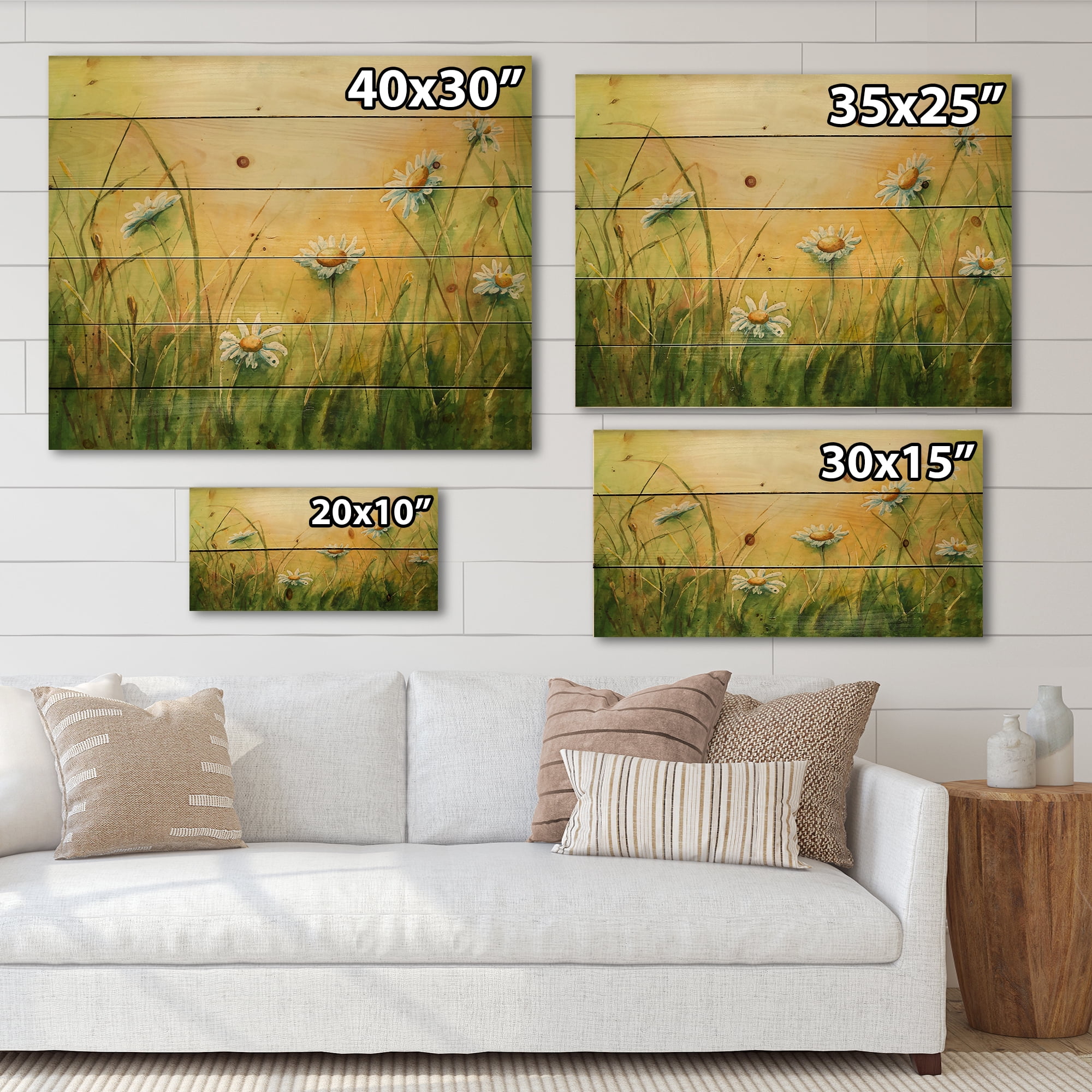 Designart 'Sunset Field With Herbs and Chamomiles' Traditional Print on Natural Pine Wood