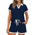 thumbnail image 2 of Mifsaly 2 Piece Short Sets for Women Short Sleeve V Neck Top and Drawstring Shorts with Pockets Summer Casual Vacation Matching Lounge Outfits Navy,L, 2 of 6