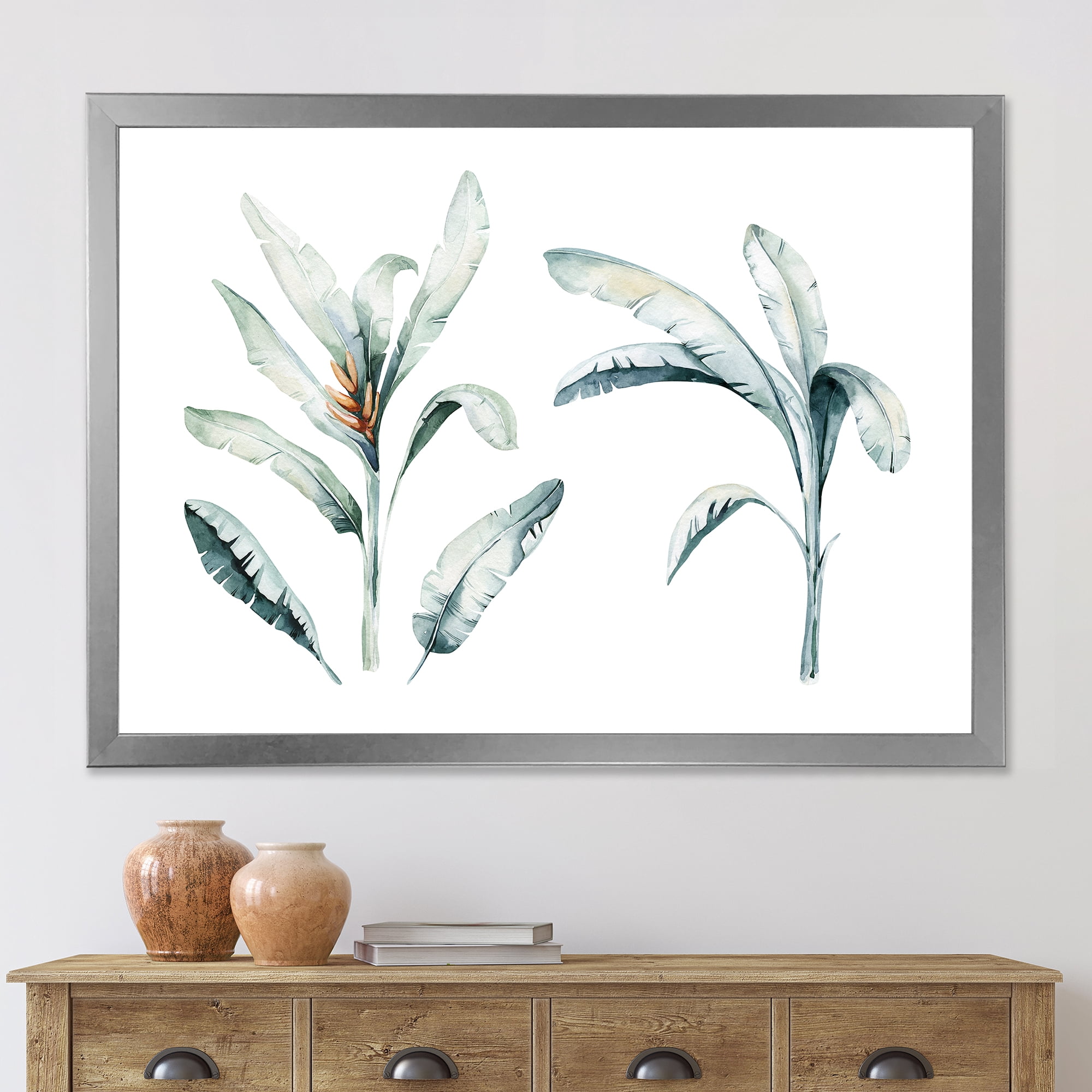 Designart 'Tropical Jungle Leaves On White' Bohemian & Eclectic Framed Art Print
