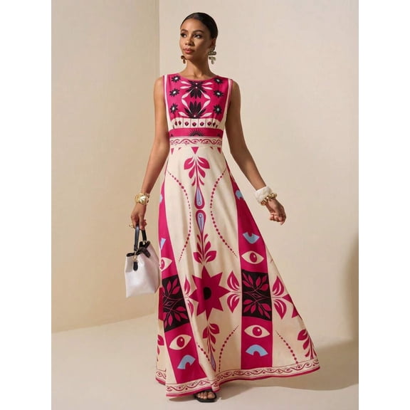 Hot Pink Geometric Floral Sleeveless Maxi Dress For Summer Festival, Vacation, Beach, Street Style