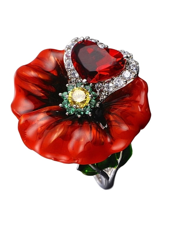 AYYUFE Wedding Party Flower Heart Shape Faux Ruby Finger Ring Bridal Jewelry Alloy, Rhinestone Red