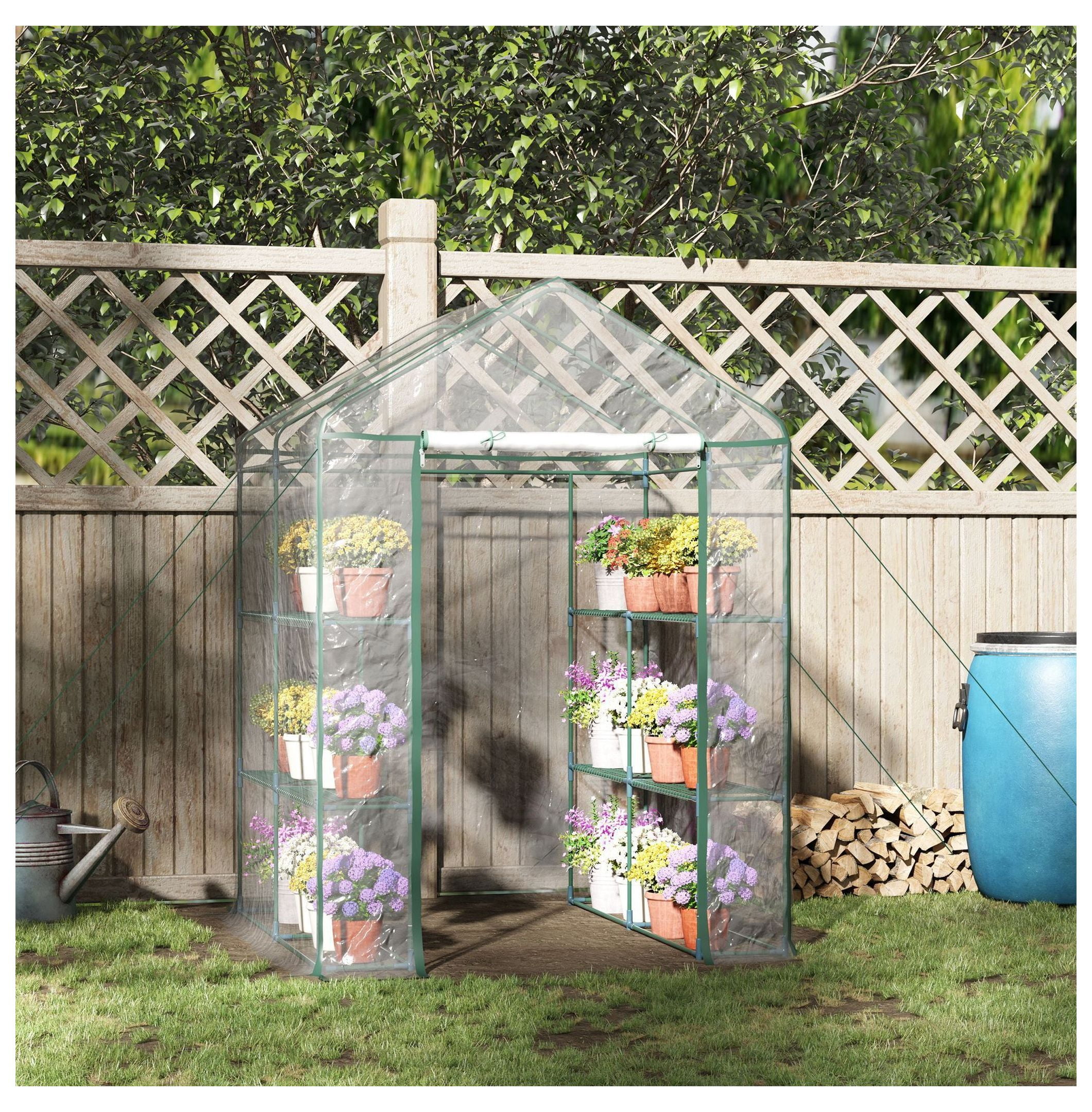 Walk-in Greenhouse 5'x5'x6', Portable Hot House with Shelves & Roll-Up Door, Outdoor Garden Greenhouse for Year-Round Growing