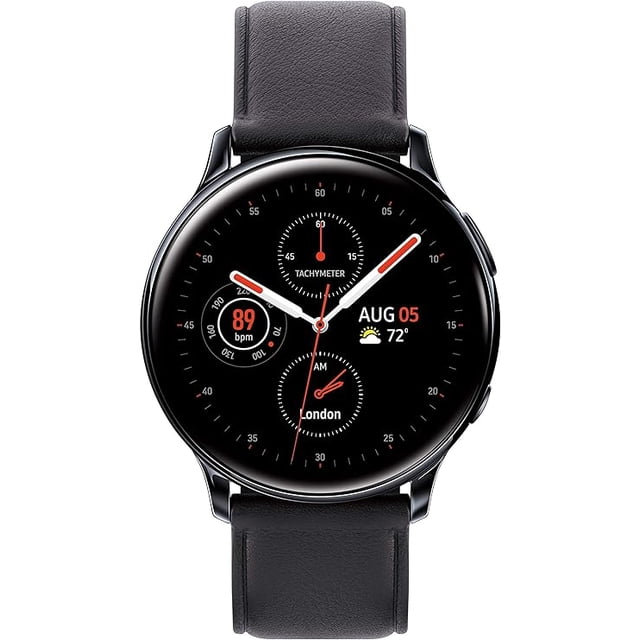 restored reloj inteligente samsung galaxy watch active 2 40mm negro reacondicionado (refurbished) Restored Samsung Galaxy Watch Active2 40mm negro, vista frontal centrada con pantalla circular tipo cronógrafo que muestra hora, fecha, temperatura y lectura de 89 bpm; correa negra y dos botones laterales. Especificaciones listadas: monitoreo de frecuencia cardíaca, electrocardiograma, acelerómetro, giroscopio y barómetro. A menudo usado como reloj diario y para seguimiento de actividad.