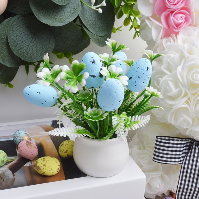 Simulated Spotted Egg Mini Potted Plant, Easter Decorative Centerpiece With Artificial Foliage, for Tabletop Display, Sky Blue