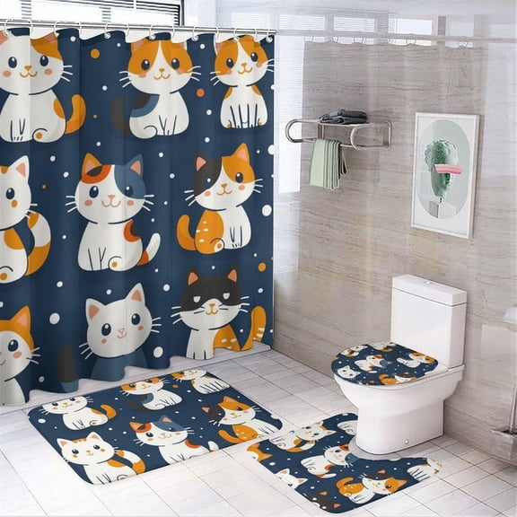4Pcs Abstract Funny Cat Shower Curtain Set with Rugs, Toilet Lid Cover and Bath Mat, Fantasy Kitty Animal Bathroom Curtains Decor Shower Curtains, 72" x 72"