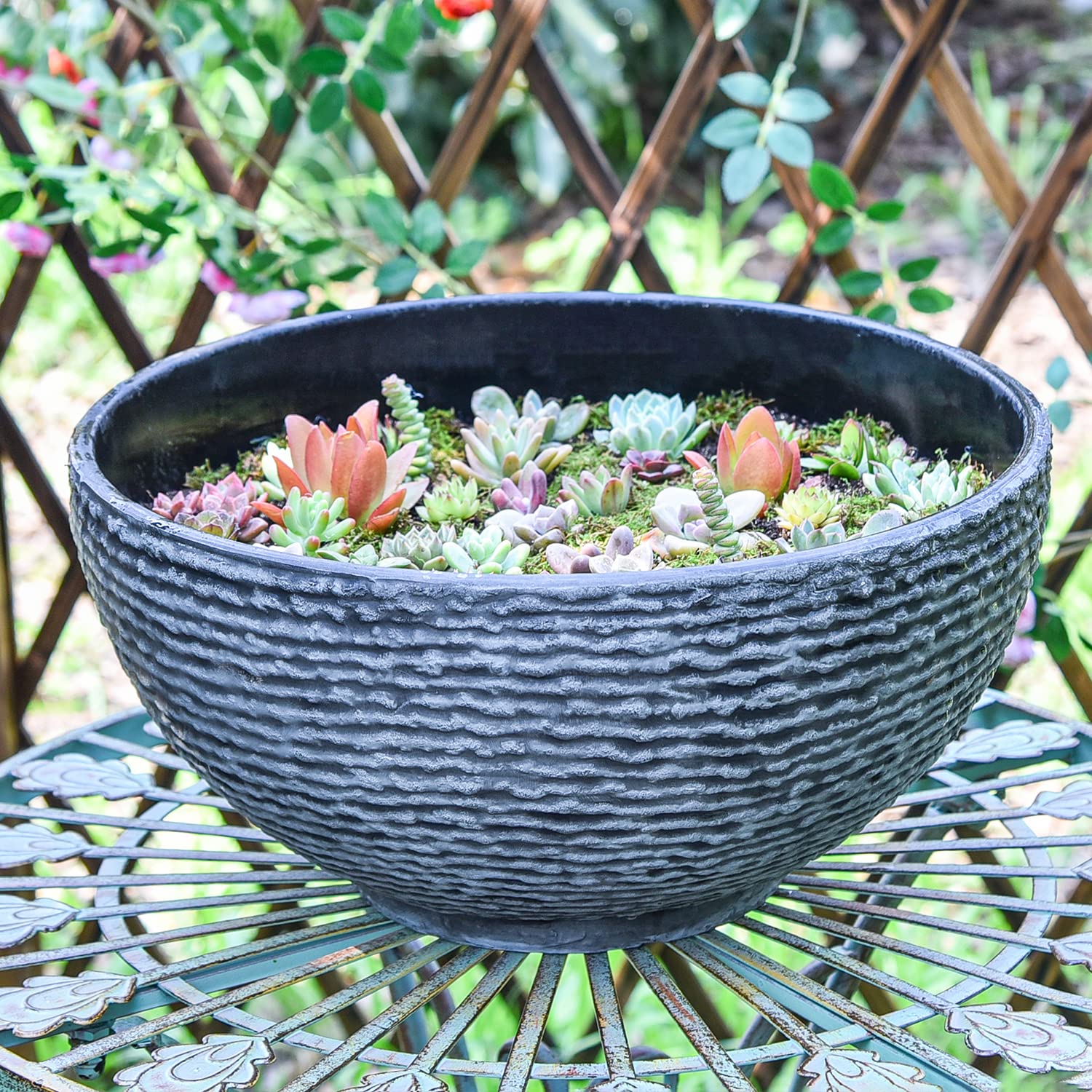 Sungmor Hydroponic Planter Large Garden Bowl Micro Landscape Succulent Pot, 15.6" Dia. 0.5" Thickened Big Water Lily Container - Resin Marble Texture Functional Mini Fish Pond Fountain Bird Bath