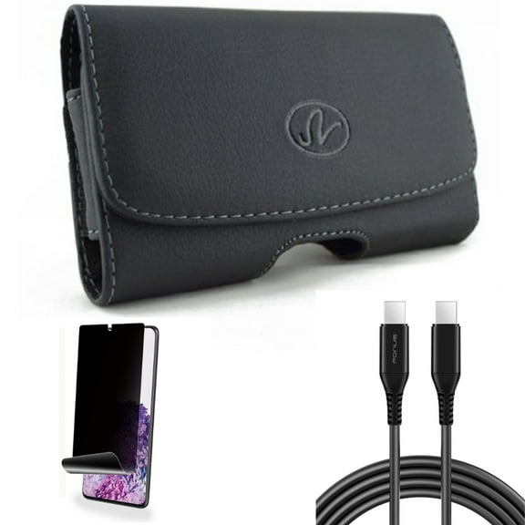 Privacy Screen Protector w 10ft Long USB-C Cable w Case Belt Clip for Samsung Galaxy S20 Plus - TPU Film [NOT GLASS] [Fingerprint Works], PD Fast Charger Cord Power Wire, Leather fits Galaxy S20 Plus