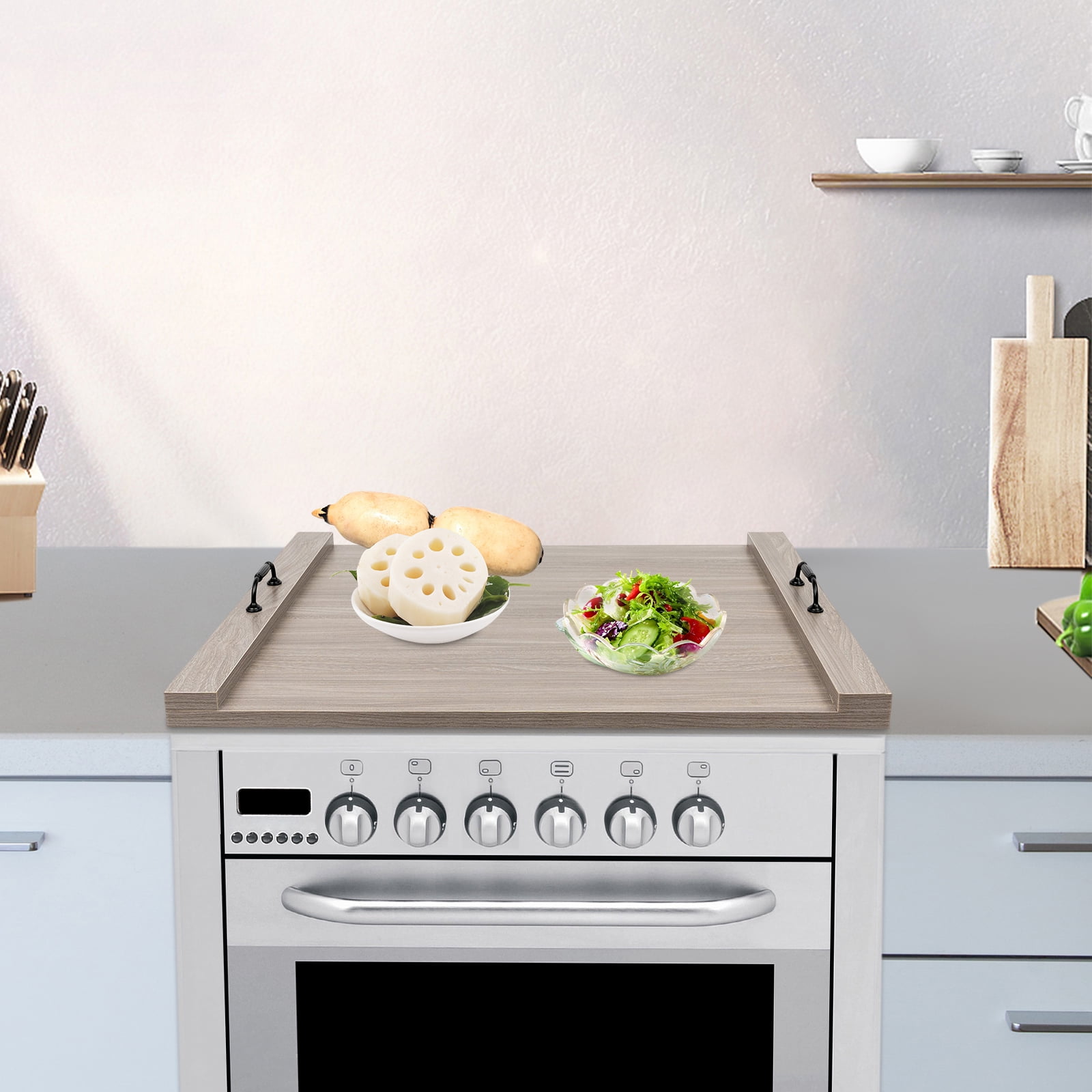 Noodle Board Stove Cover with Handles, Wooden Stove Top Covers for Electric Stove and Gas Burners, Handmade Cookware Accessory Decorative Tray for Home Kitchen, ‎30 x 22 x 2.5 inches