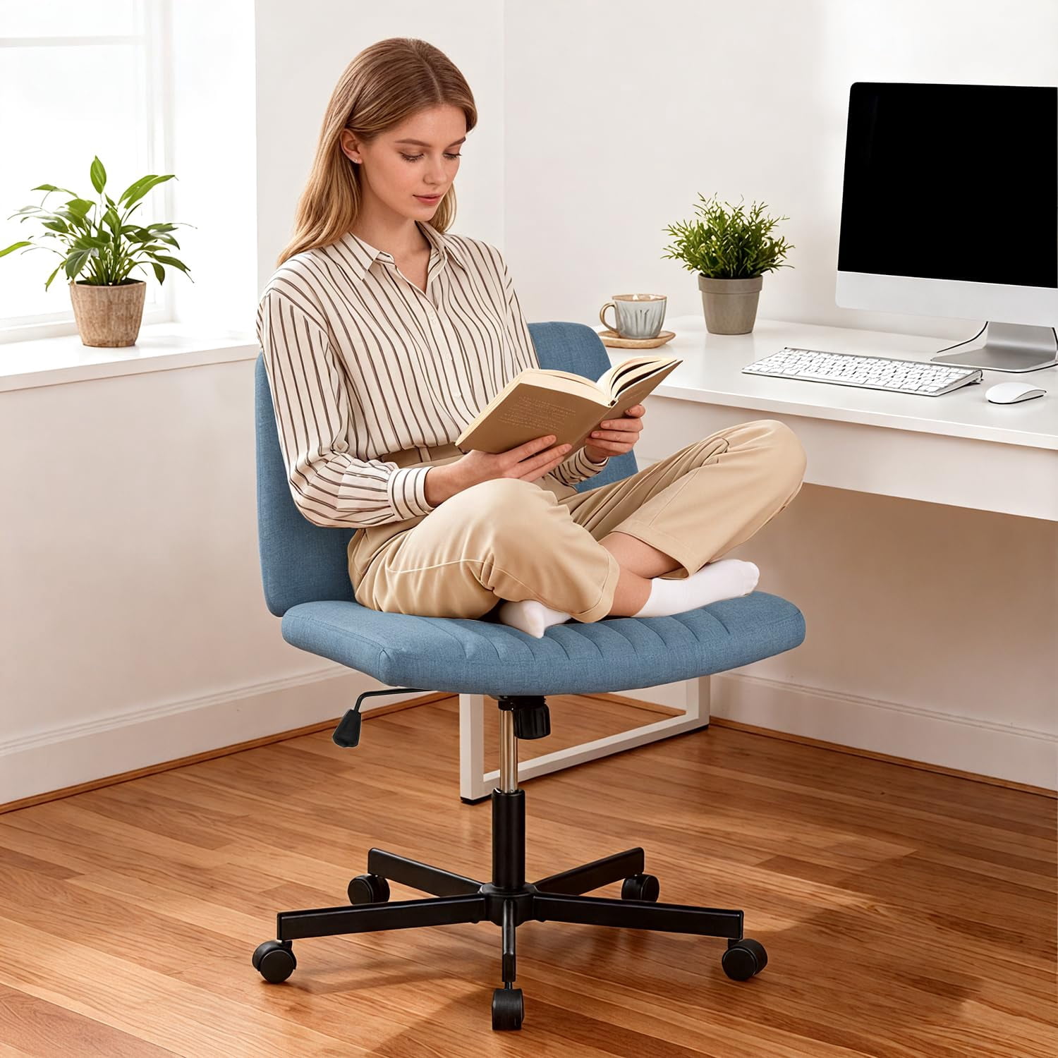 NiamVelo Vanity Chair with Wheels Criss Cross Chair Wide Desk Chair Armless Office Chair Adjustable Swivel Chair for Home Office, 250LBS Weight （Blue）
