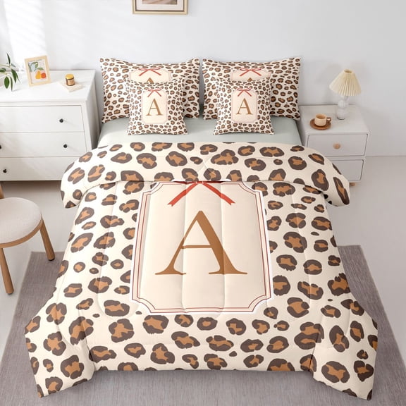 Erosebridal Brown A Letter Kids Twin Bedding Sets, Leopard Print Bedding Comforter Set, Grey Reverisble, 7pcs