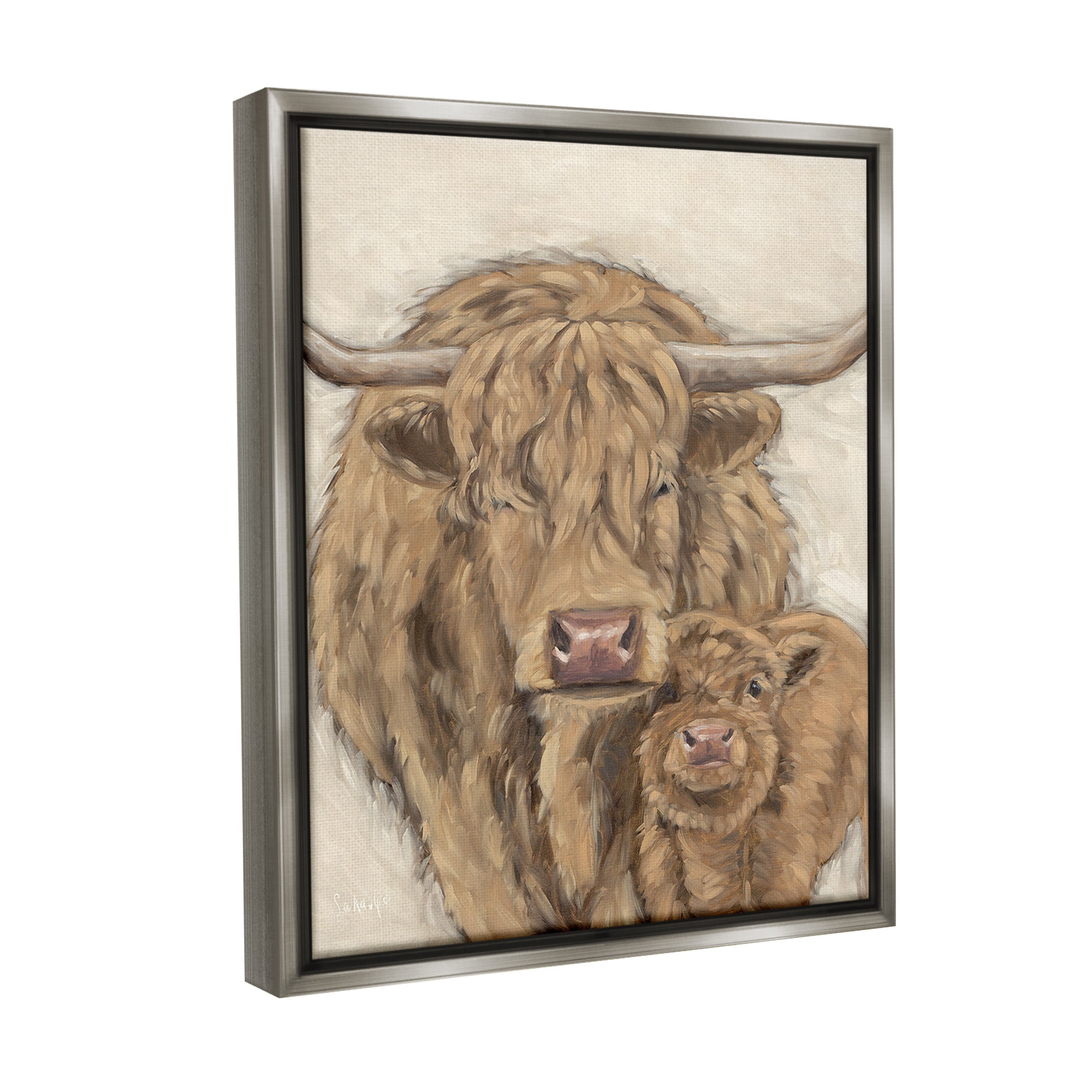 Stupell Industries Highland Cattle & Calf Animals & Insects Painting Gray Floater Framed Canvas Art Print Wall Art, 17 x 21