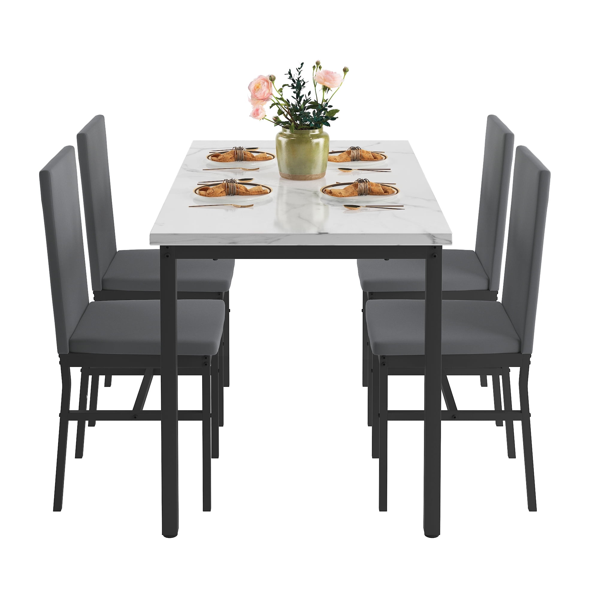 SYNGAR 5 Piece Dining Set, Modern Dining Table and Chairs Set for 4, Kitchen Dining Table Set with Faux Marble Tabletop & 4 Upholstered Chairs, for Small Space, Breakfast Nook, D9224