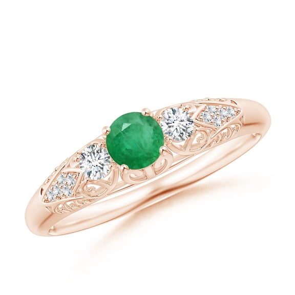 ANGARA Natural Aeon Vintage Style Emerald and Diamond Three Stone Engagement Ring in 14K Rose Gold for Women (Size-4mm) | May Birthstone, Anniversary, Jewelry Gift for Women | Natural Emerald Ring