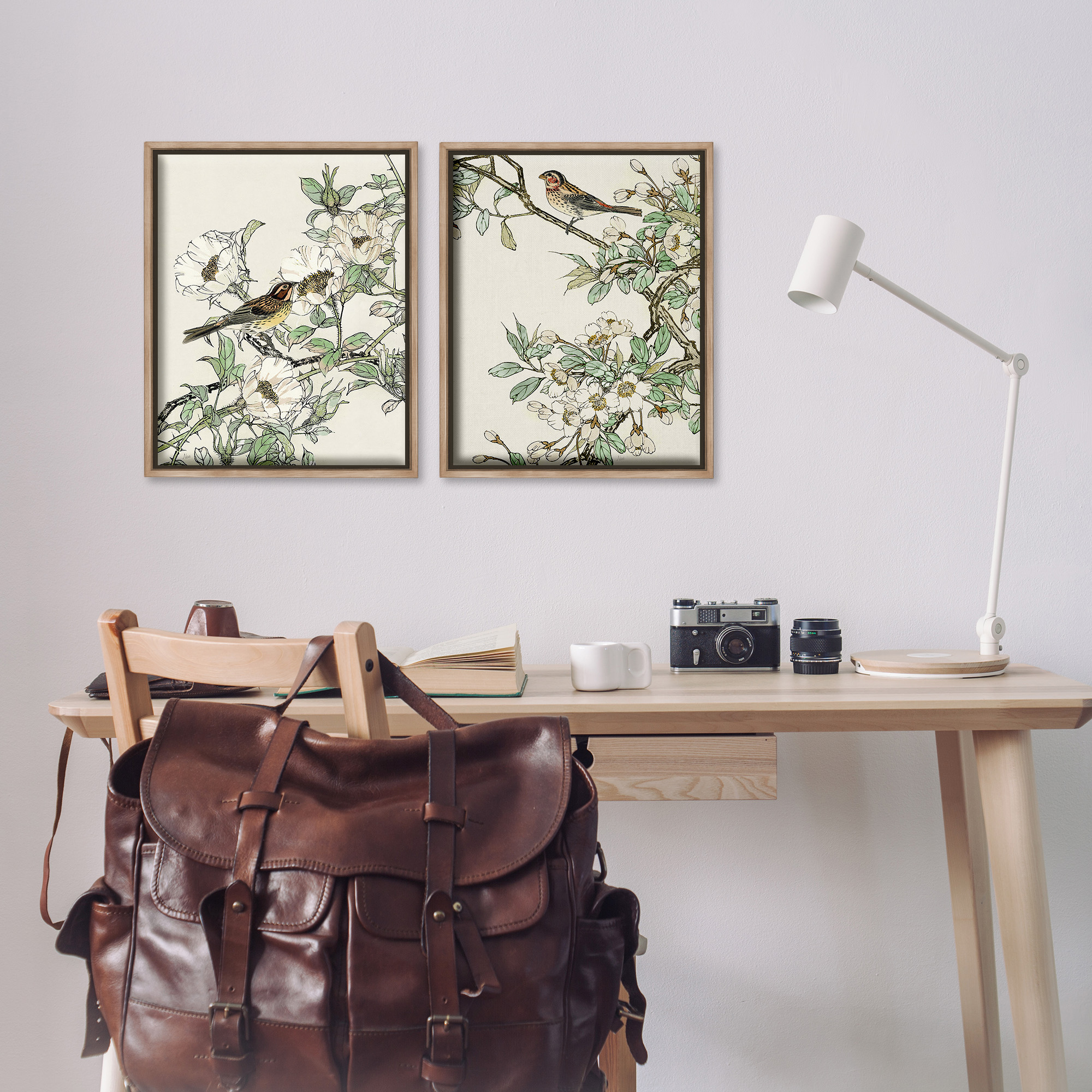Stupell Industries Classic Sparrow on Blossoms Animals & Insects Painting Brown Floater Framed Canvas Art Print Wall Art, 17 x 21, Set of 2