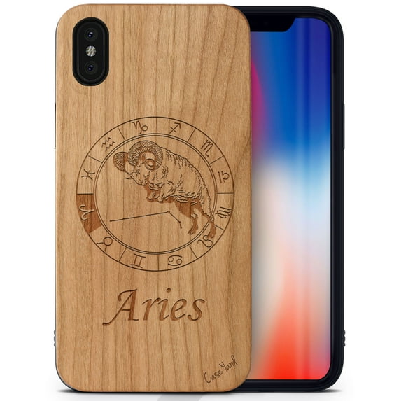 Case Yard Wooden Case Outside Soft TPU Silicone, Slim Fit Shockproof Wood Protective Phone Cover for Girls Boys Men and Women, Supports Wireless Charging Aries Sign Design case for iPhone-XS-Max