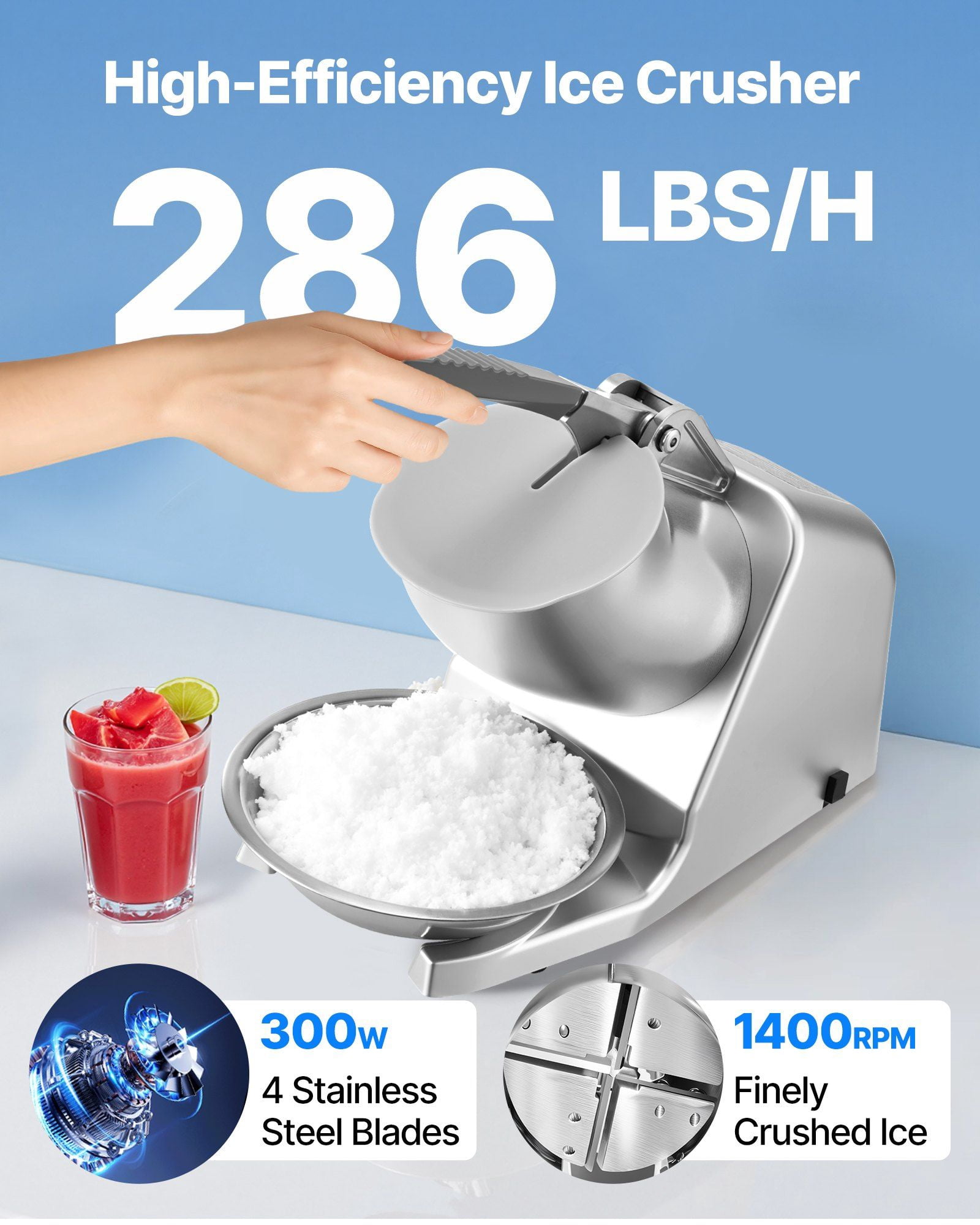 Ice Crusher Machine, 286lbs Per Hour Electric 4 Blades Snow Cone Maker, Stainless Steel Shaved Ice Machine with Bowl and Cover, 300W 2000RPM Ice-Shaver for Home and Commercial Use, Silver