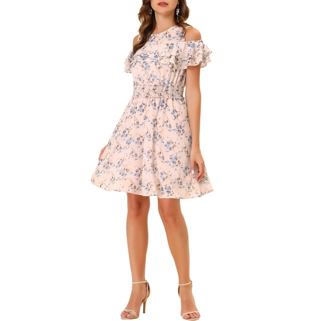 Unique Bargains Robe à Taille Smockée à Imprimé Floral pour Femmes, Épaules Dénudées, Rose m