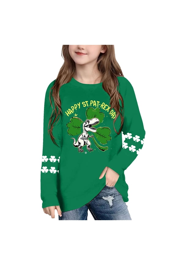 Girls St. Patrick's Day Dinosaur Shirt Long Sleeve T-Rex Shamrock Tee Happy St. Pat-Rex Day Green,Size 3 T