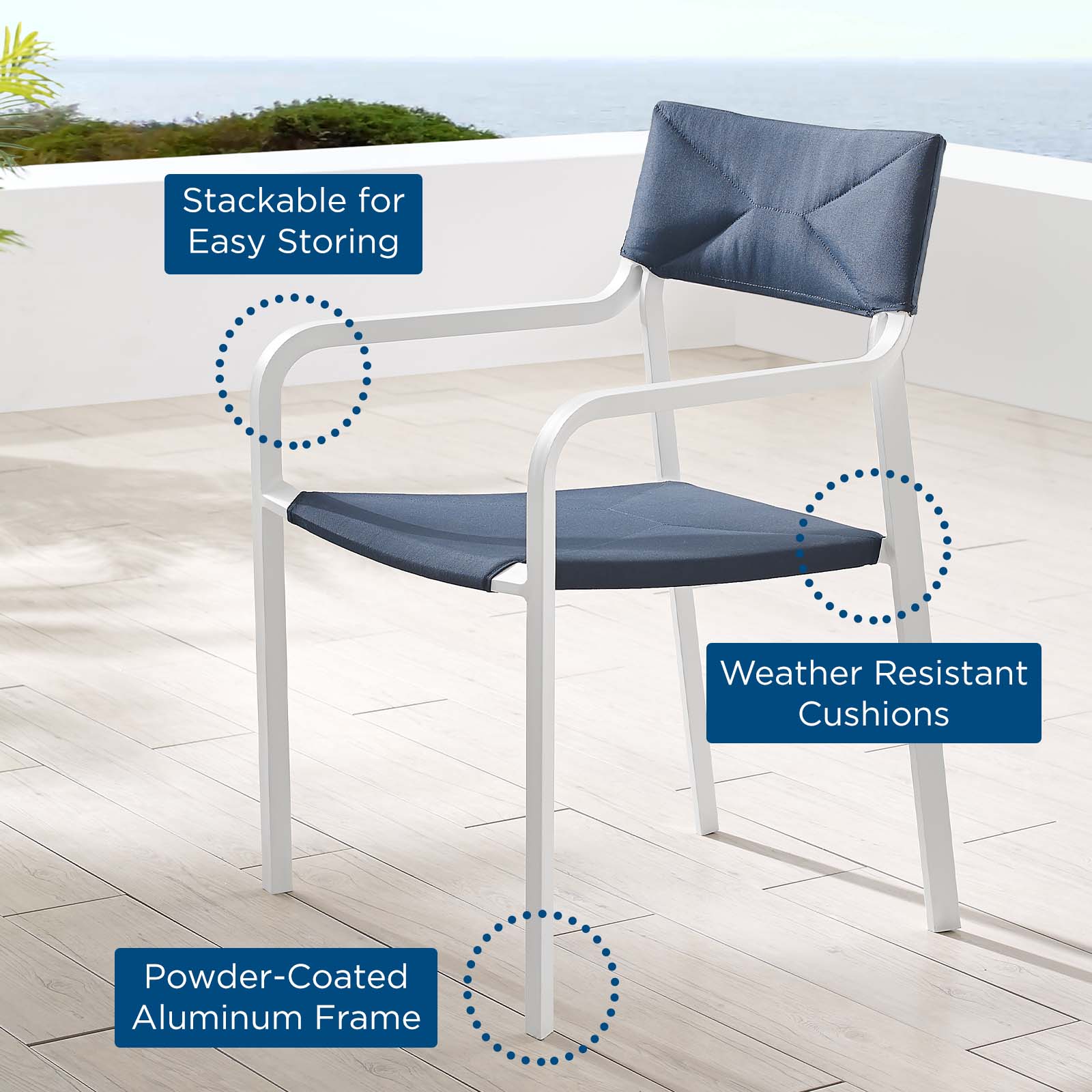 Contemporary Modern Urban Designer Outdoor Patio Balcony Garden Furniture Side Dining Armchair Chair, Fabric Aluminum, Navy Blue White - image 2 of 6