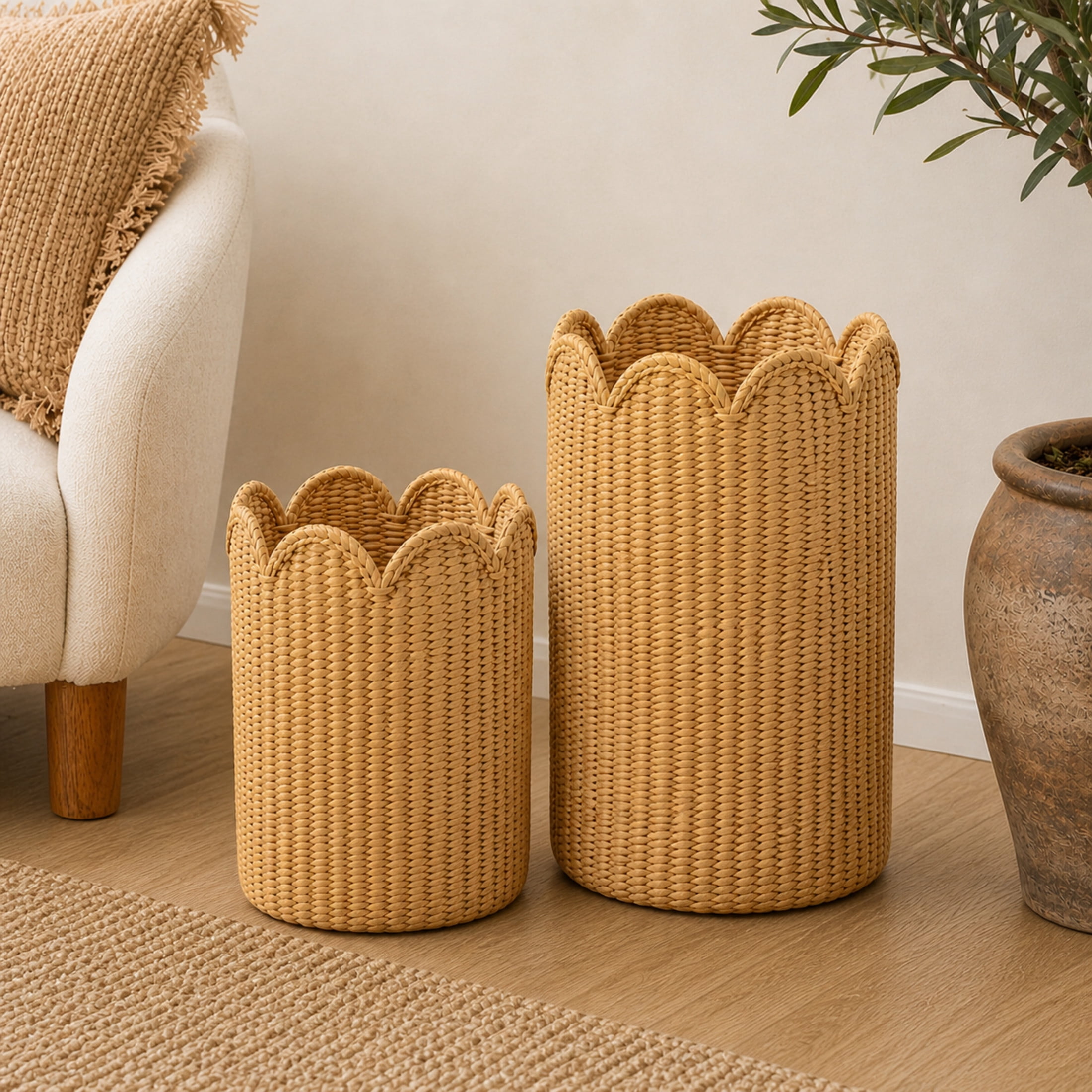 DecMode 17", 19"H Light Brown Rattan Woven Storage Basket with Wavy Edges, 2-Pieces