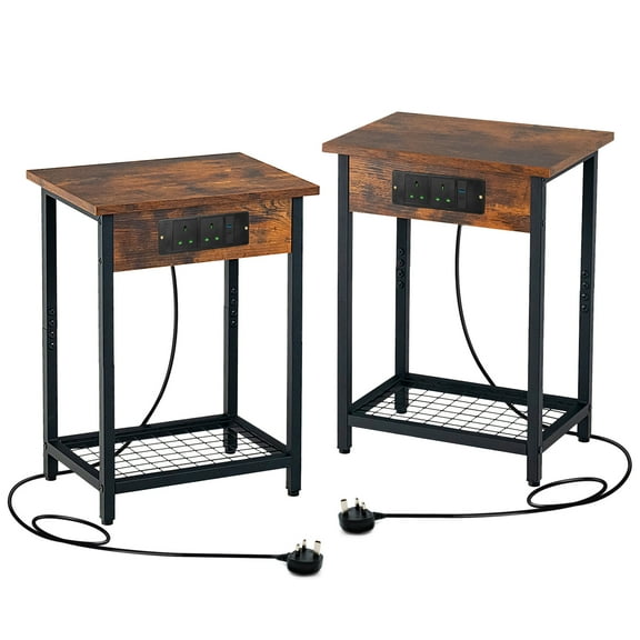 Giantex Set of 2 Nightstand w/Charging Station, Industrial End Table Side Table, Bedside Sofa Table