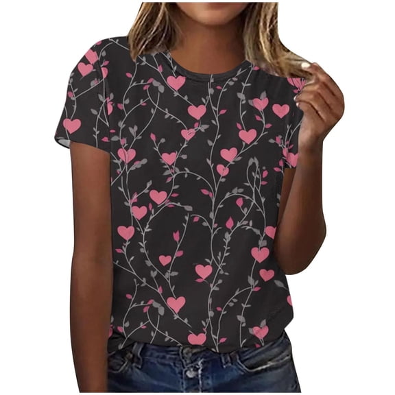 mihongmao Plus Size Valentine Shirts for Women Printed Short Sleeved Round Neck Top Multicolor 5X