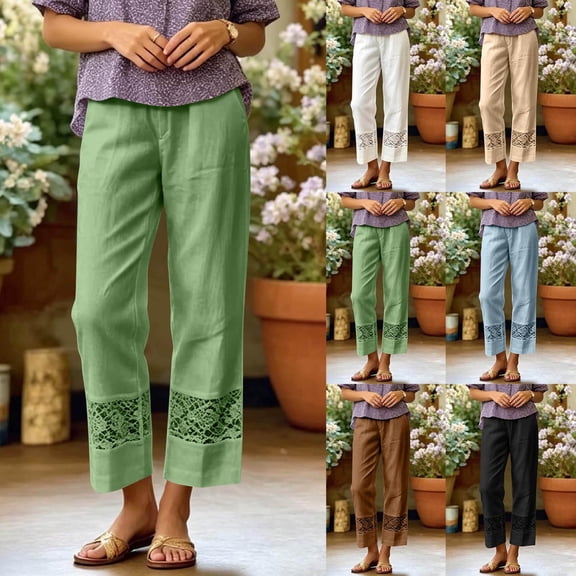 Oksale Womens Summer Pants Petite Loose Fit Ankle Linen Pants Fashion Lady Straight Leg Trousers with Pockets Causal Drawstring Stretch Waisted Trousers Green M