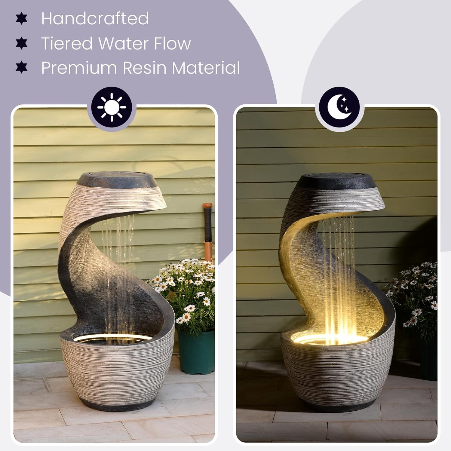Outdoor Water Fountain 37" Tall S-Curve Floor-Standing Rainfall Fountain Garden Waterfall Feature with LED, Garden Patio Porch Yard Decor, Outdoor Water Feature with Flat Top for Plant, Resin