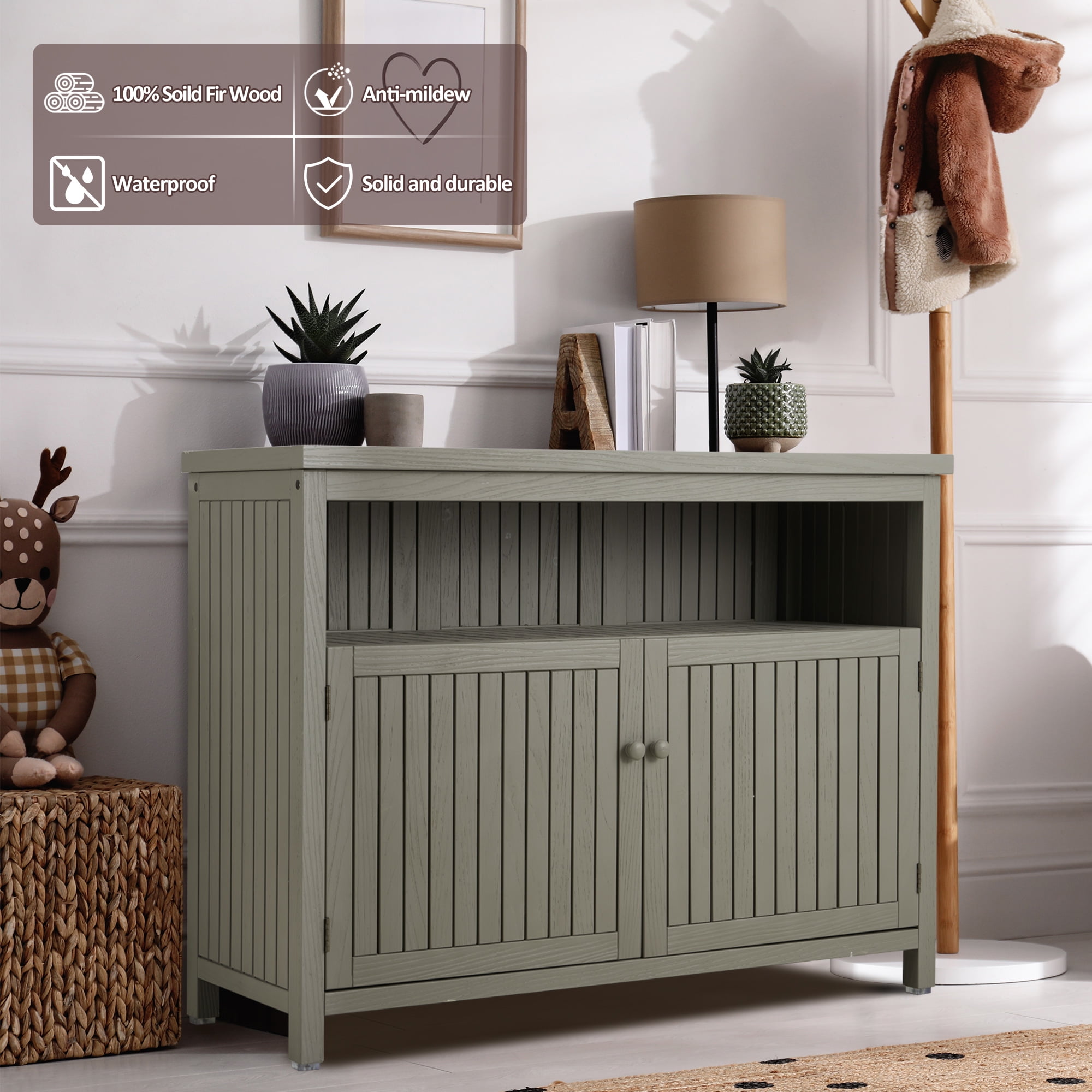 Outdoor Console Sideboards Buffet Cabinet, Solid Wood Storage Cabinet TV Stand,Furniture for Patio Entryway Deck(Grayish Green)