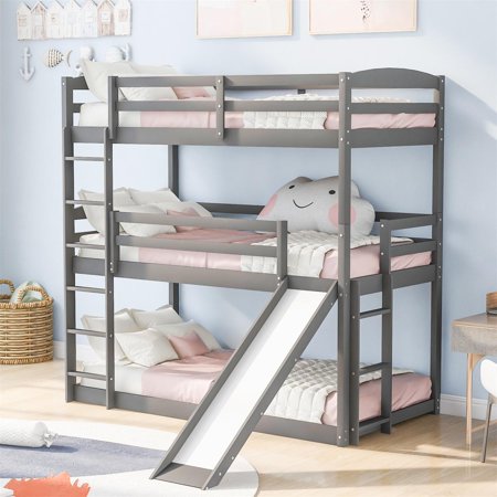 Twin Over Twin Over Twin Adjustable Triple Bunk Bed with Ladder and Slide  Wooden Bunk Bed Frame for 3 Kids Teens Girls Boys  Bunk Bed with Full-Length Guardrail for Bedroom  Separable Beds  Gray