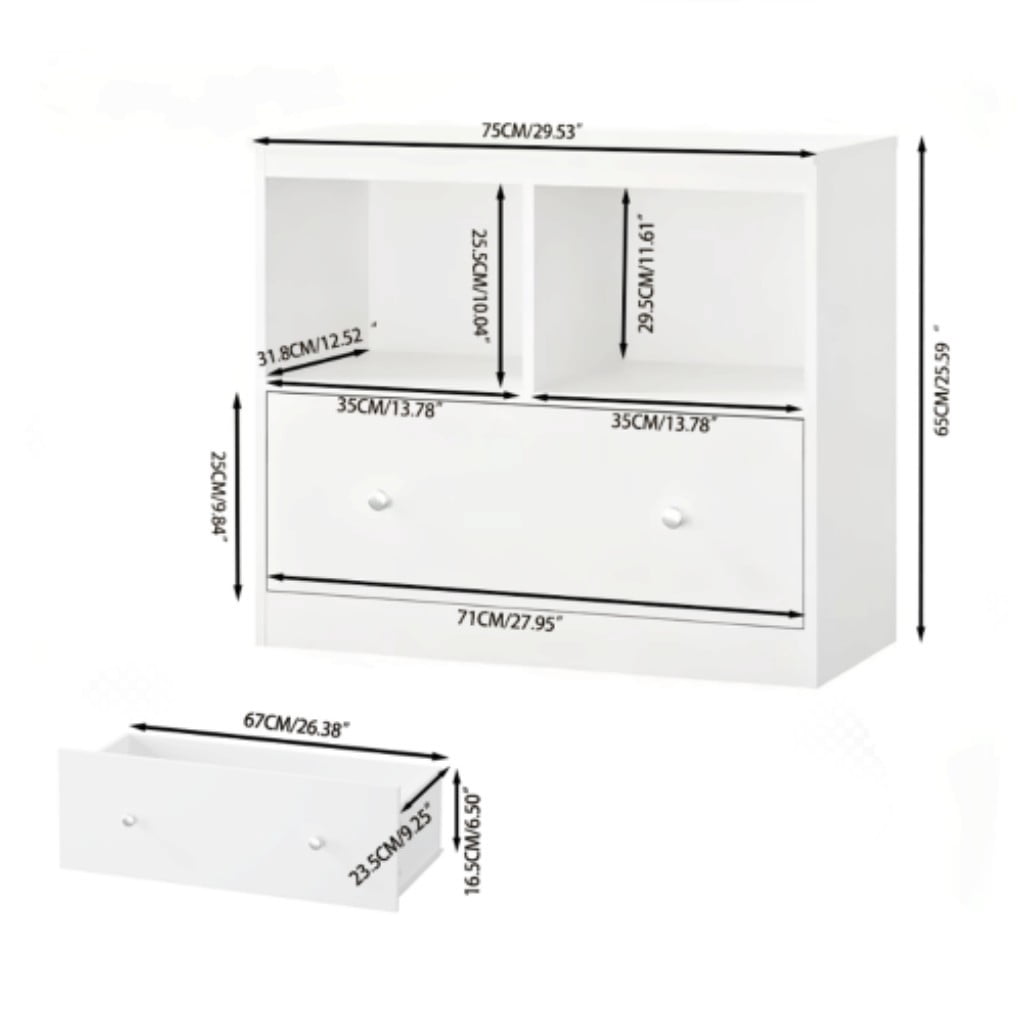 Kids Toy Storage Organizer with Large Drawer, 2-Tier Low Bookshelf & Open Shelves, Wooden Bookcase Cabinet for Books and Toys, Nursery, Playroom & Bedroom, White