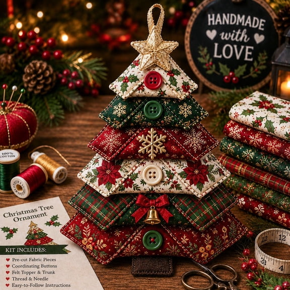 DIY Layered Fabric Tree Ornament Sewing Kit 3D Patchwork Craft, Beginner Friendly Halloween Christmas Décor with Instructions