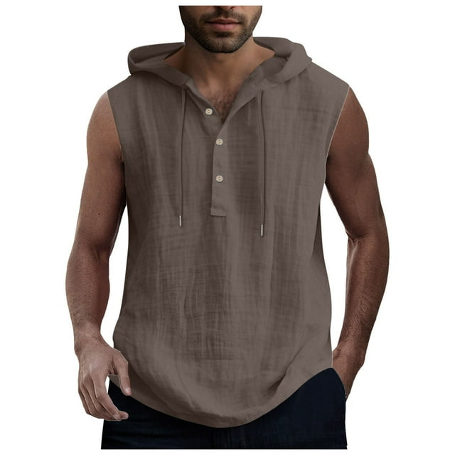 Qopobobo Muscle Shirt Mens Solid Color Simple Csual Fashion Drawstring Button Hooded Vest Top Coffee,M